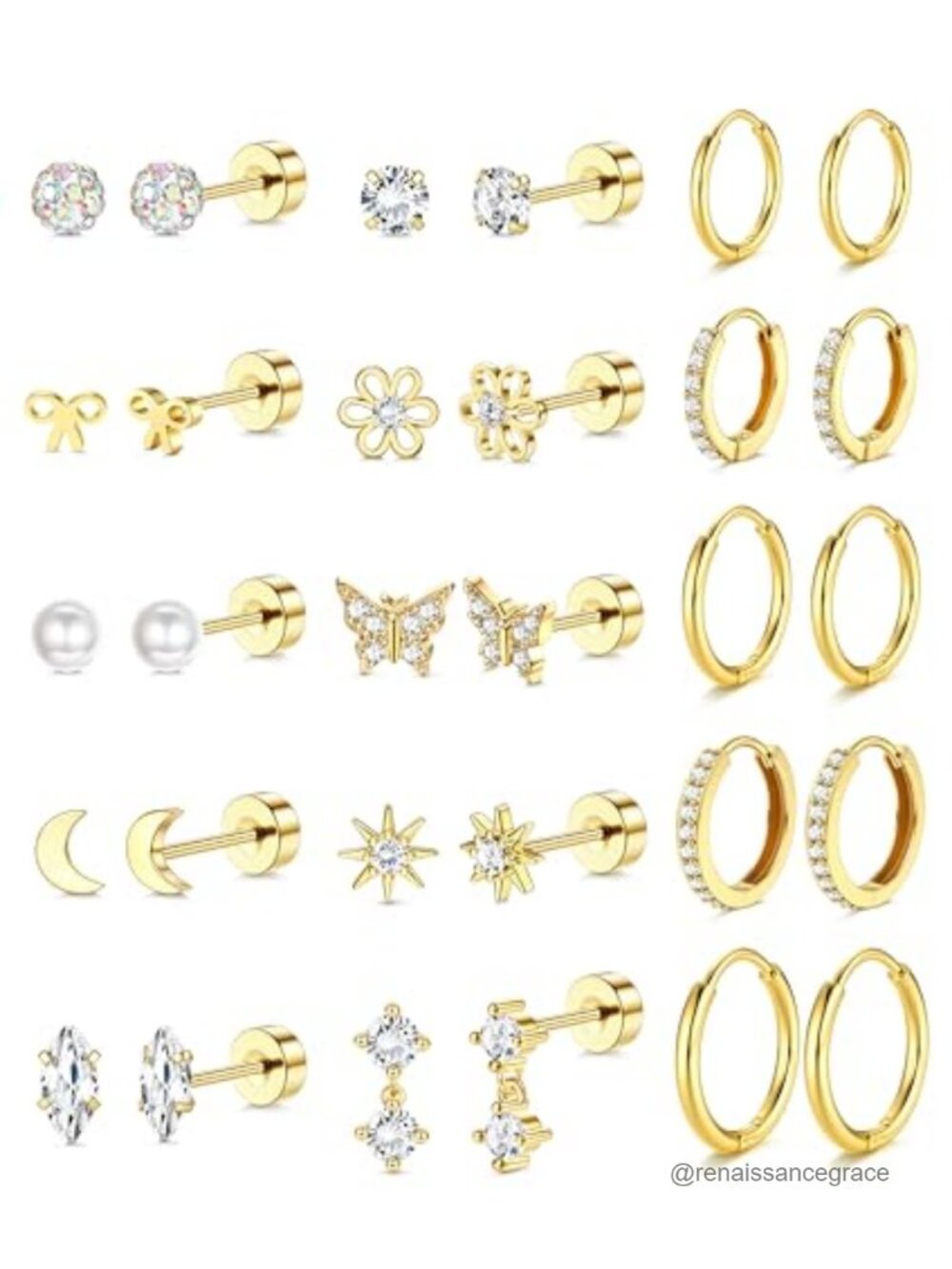 14K Gold Plated Surgical Steel Earring Set Studs Huggie Hoops Hypoallergenic